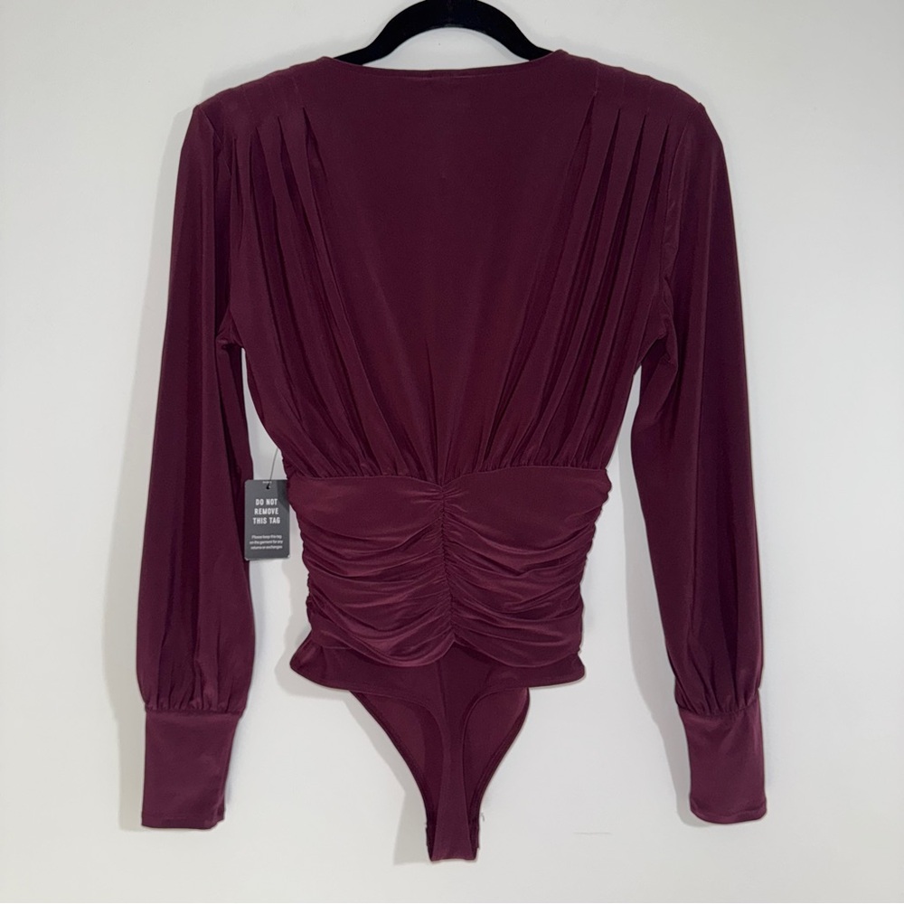Express Long Sleeve Draped Surplice Bodysuit Burgundy Wine Size‎ XS NWT - Picture 2 of 6